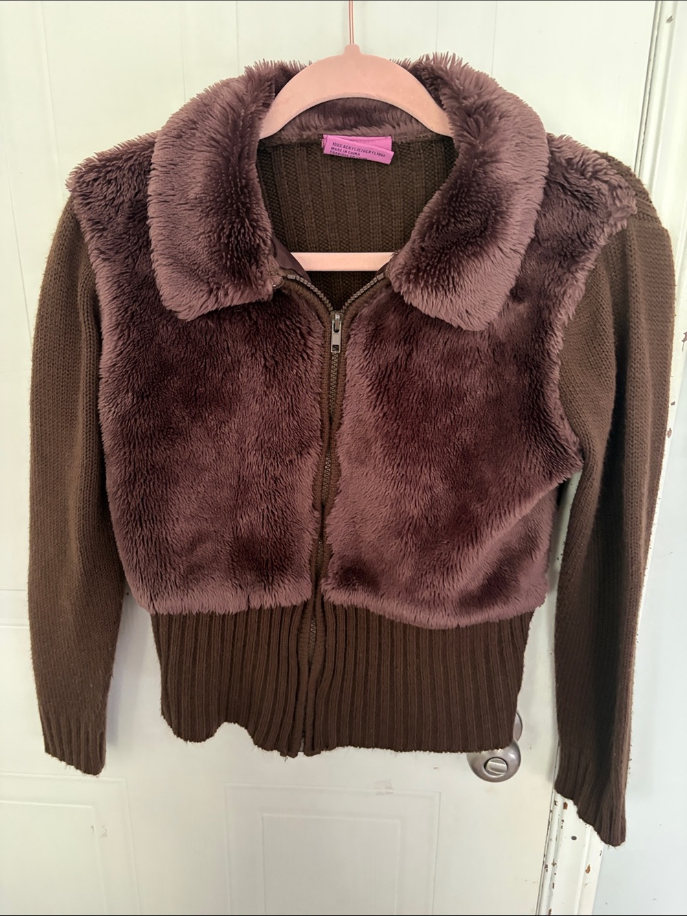Brown Faux Fur Zip-Front Jacket/Sweater